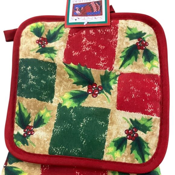 Vintage 90s Christmas Kitchen Set Oven Mitt Pot Holder Towel Holly Berry Decor - Picture 2 of 5